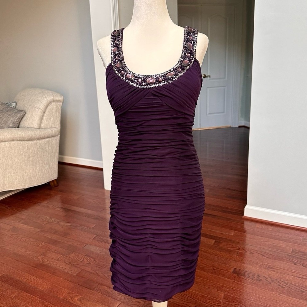Vintage 2000s Cache Bodycon Rouched Purple Beaded Embellished Cocktail Dress